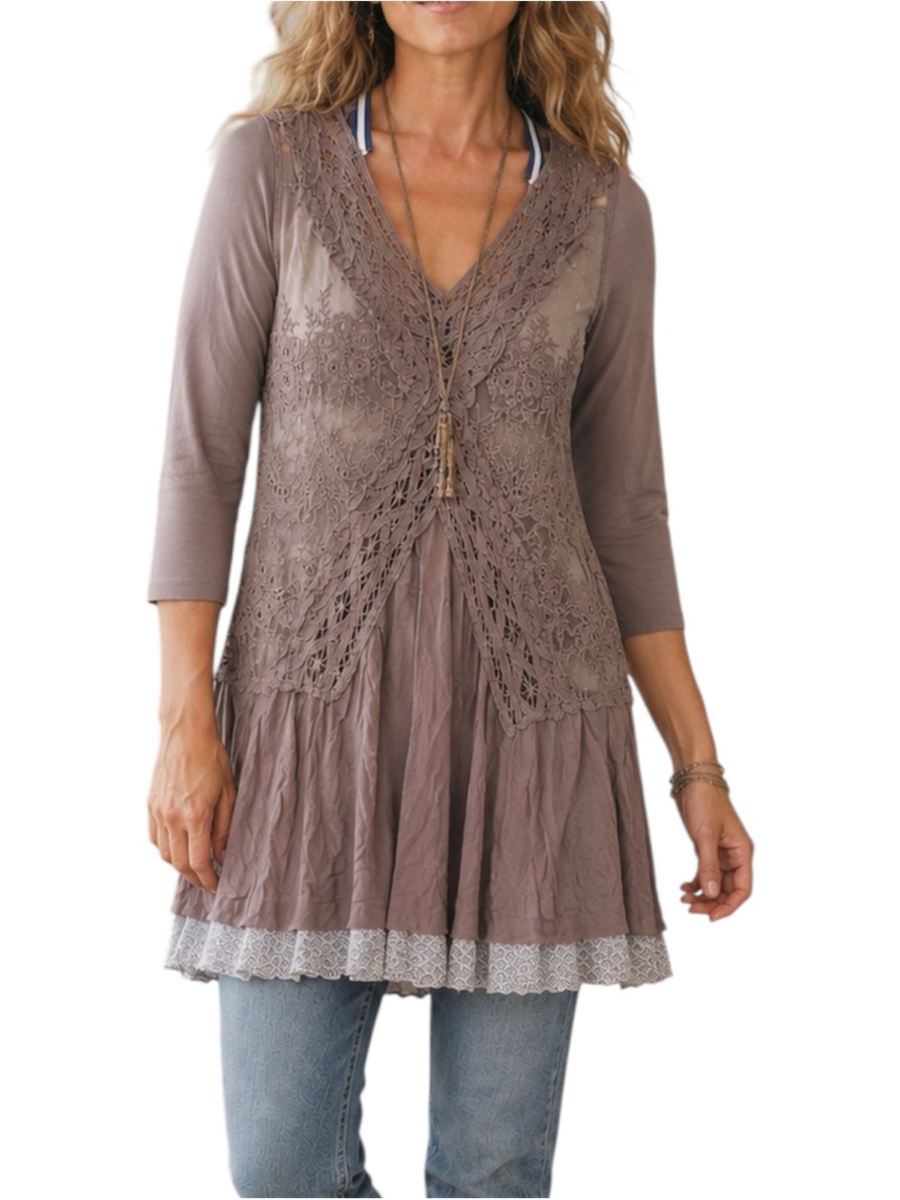 BKE Buckle Lace Crochet Boho Tunic Top Mauve Hi-Low Sheer Size XS NWT